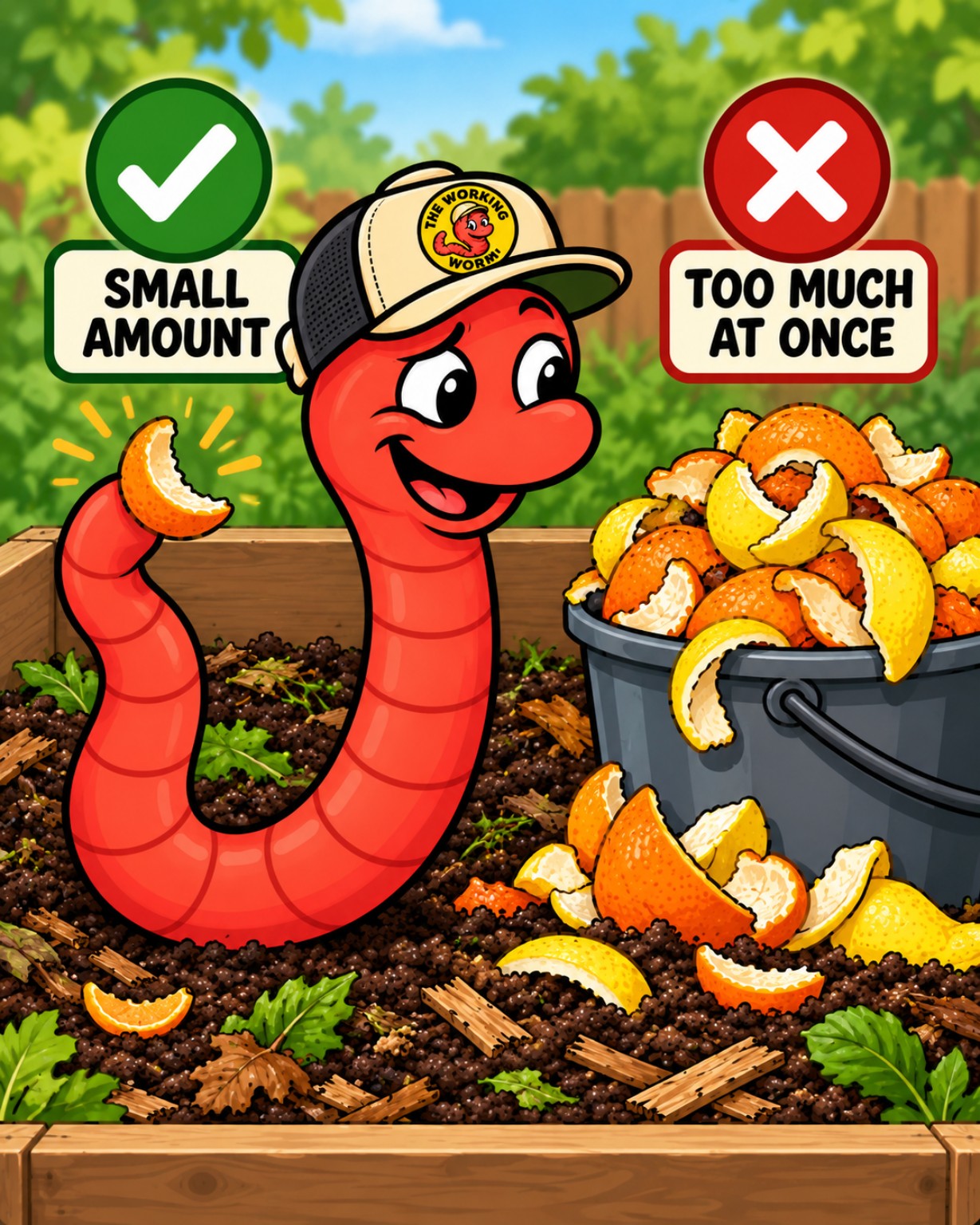 Butch the red worm in his logo cap showing that a small amount of food is better than too much at once
